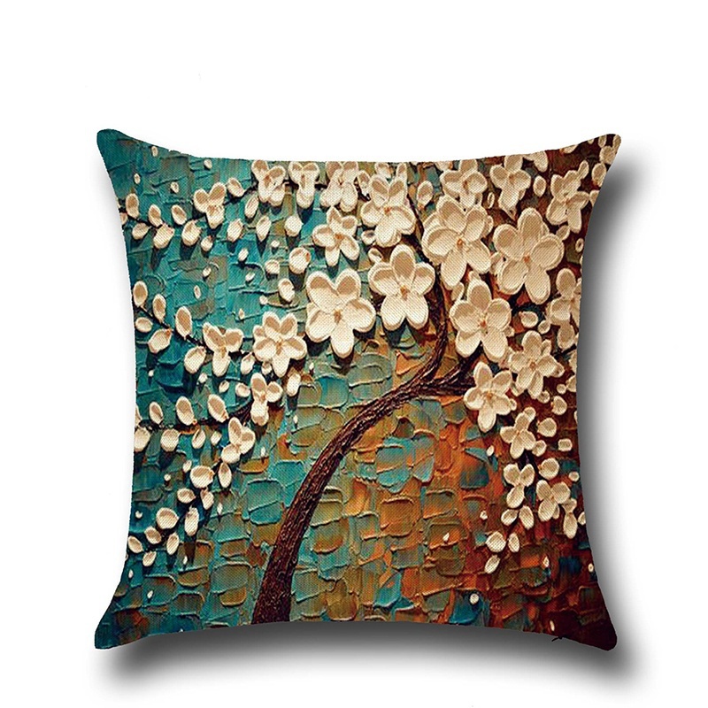 Oil Painting Style Cushion Cover 100% Flax Colorful Trees Flowers Simple Shape Cushions Cover Nordic Simple Brand Pillowcase