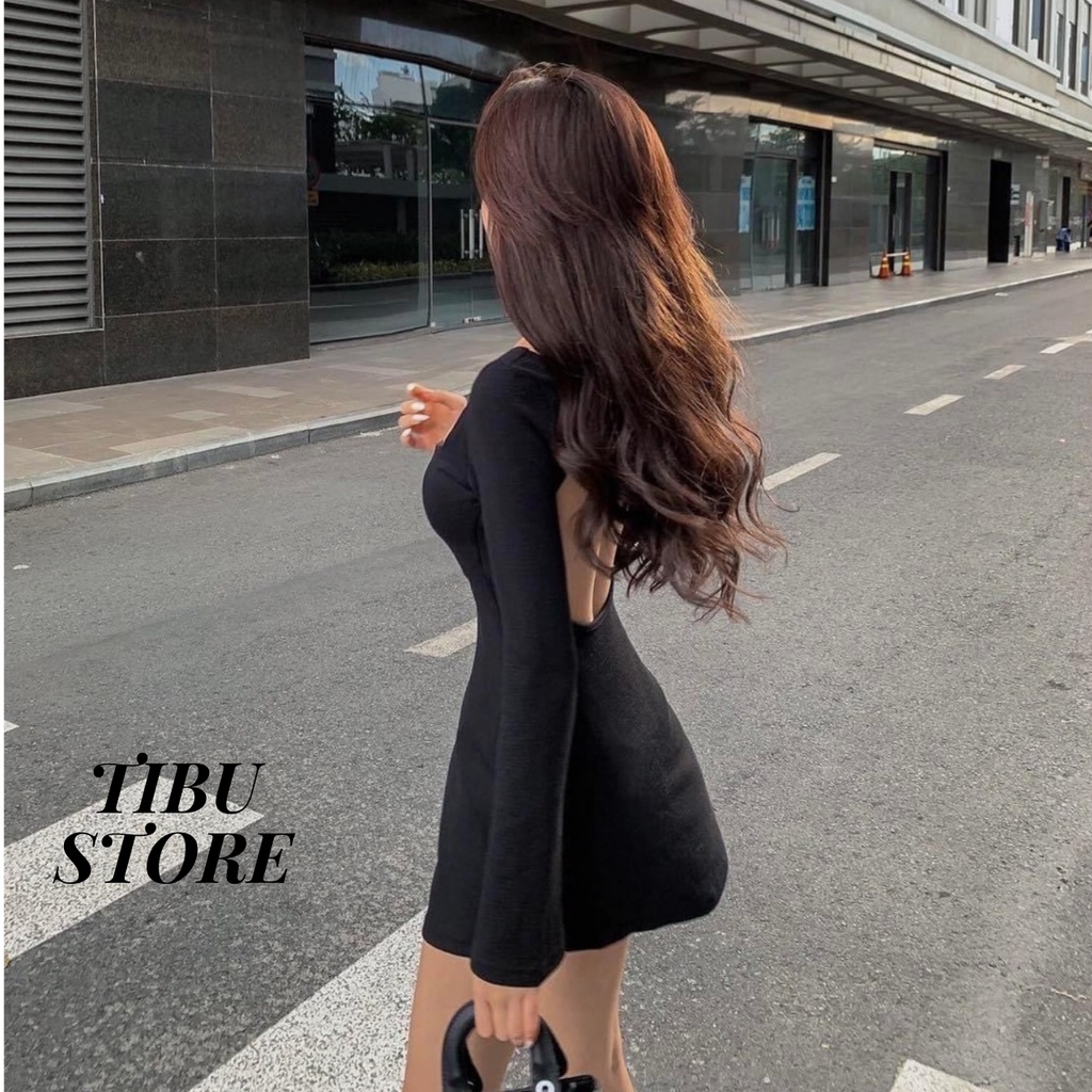 Đầm body nữ đen hở lưng tay dài TiBu, váy ôm dáng sexy cổ thuyền phối lưng dây xoắn mặc đi chơi, dự tiệc