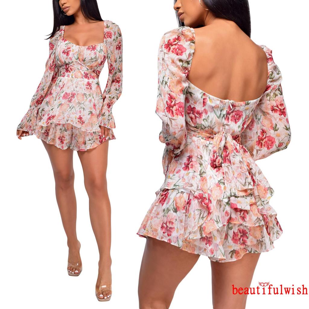 BEAUTIFULWISH-Women’s Sexy Square Collar Backless Jumpsuit Fashion Flower Bandage High Waist Long Sleeve Playsuit | BigBuy360 - bigbuy360.vn