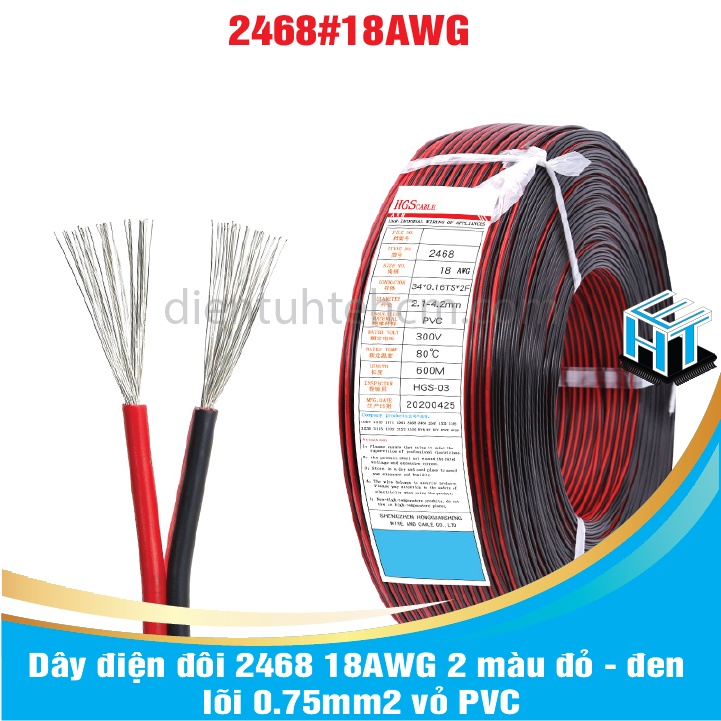 1 MÉT Dây điện đôi 2468 18AWG 2 màu đỏ - đen lõi 0.75mm2 vỏ PVC