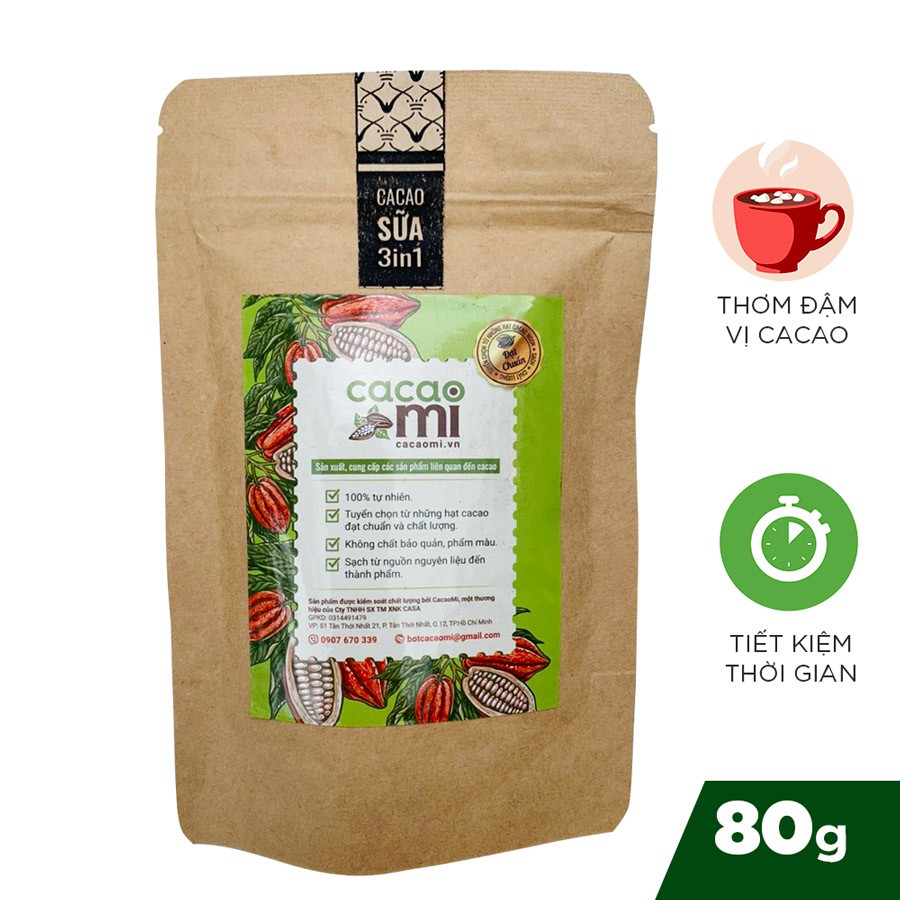 Bột cacao sữa hòa tan 3in1 - Thức uống socola thơm đậm vị ca cao nguyên chất CACAOMI gói dùng thử 80g