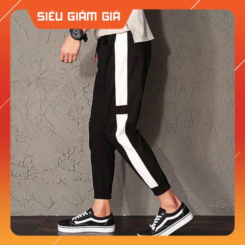 Quần Jogger co dãn 4 chiều đen sọc trắng lé vạch ngang đen ( có ảnh thật và clip review sản phẩm )