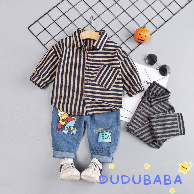 Set áo sơ mi tay dài họa tiết kẻ sọc + quần denim hình nhân vật hoạt hình nhiều kích thước dành cho bé