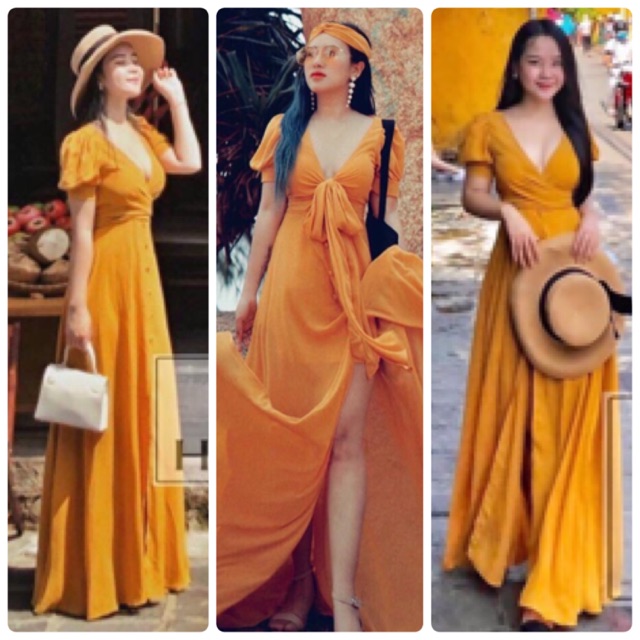 ĐẦM MAXI VÀNG CỘT NƠ NGỰC
