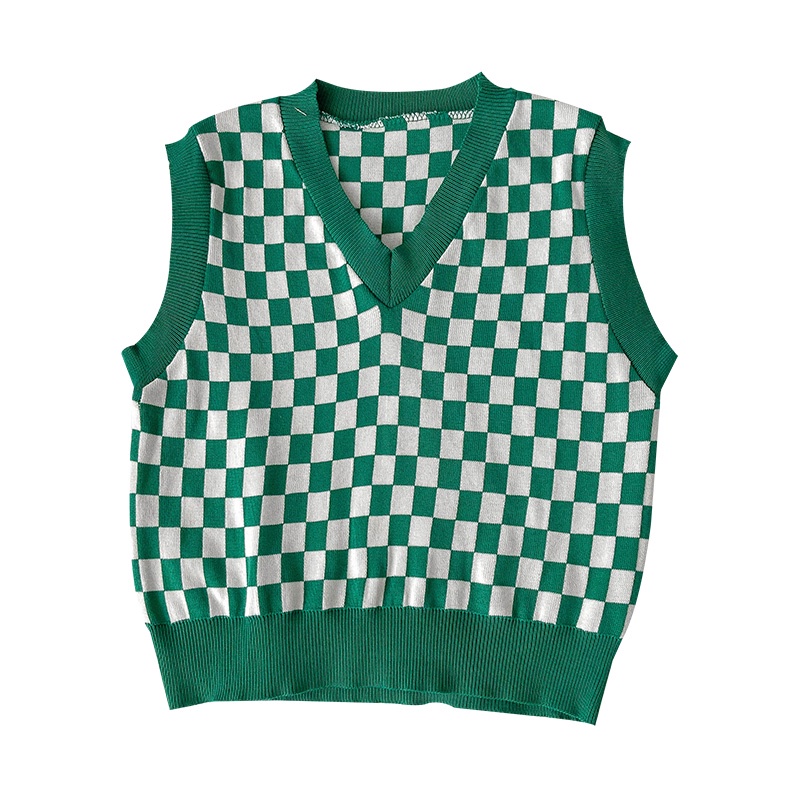 Áo len không tay cổ chữ v form rộng họa tiết sọc caro phong cách Hàn quốc