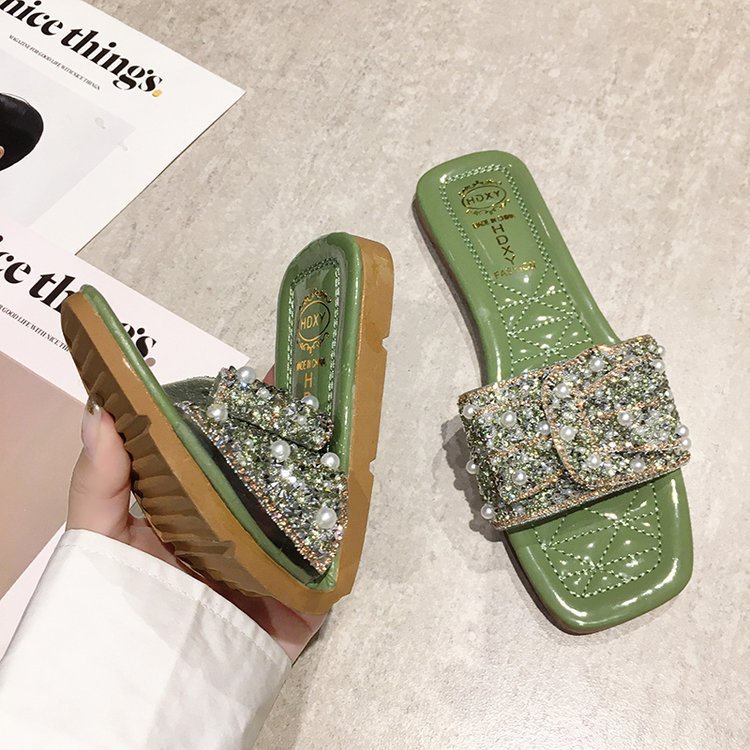 Dép đế bằng IELGY mũi vuông đính ngọc trai nhân tạo phong cách Hàn Quốc cho nữ