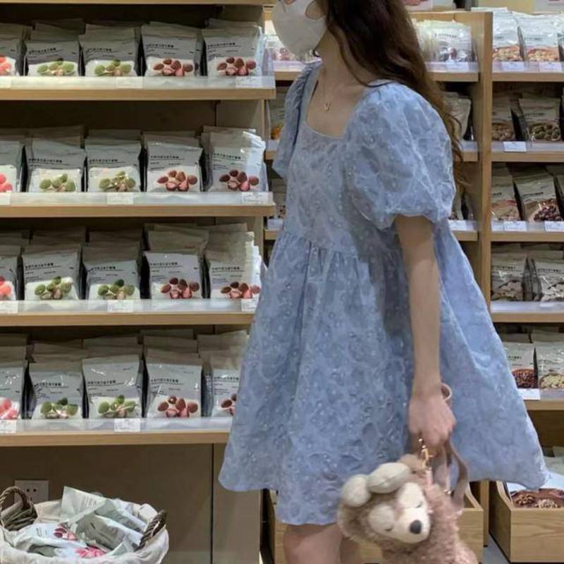 Đầm Chữ A Tay Phồng Cổ Vuông Màu Xanh Dương Phong Cách Pháp Thời Trang Mùa Hè