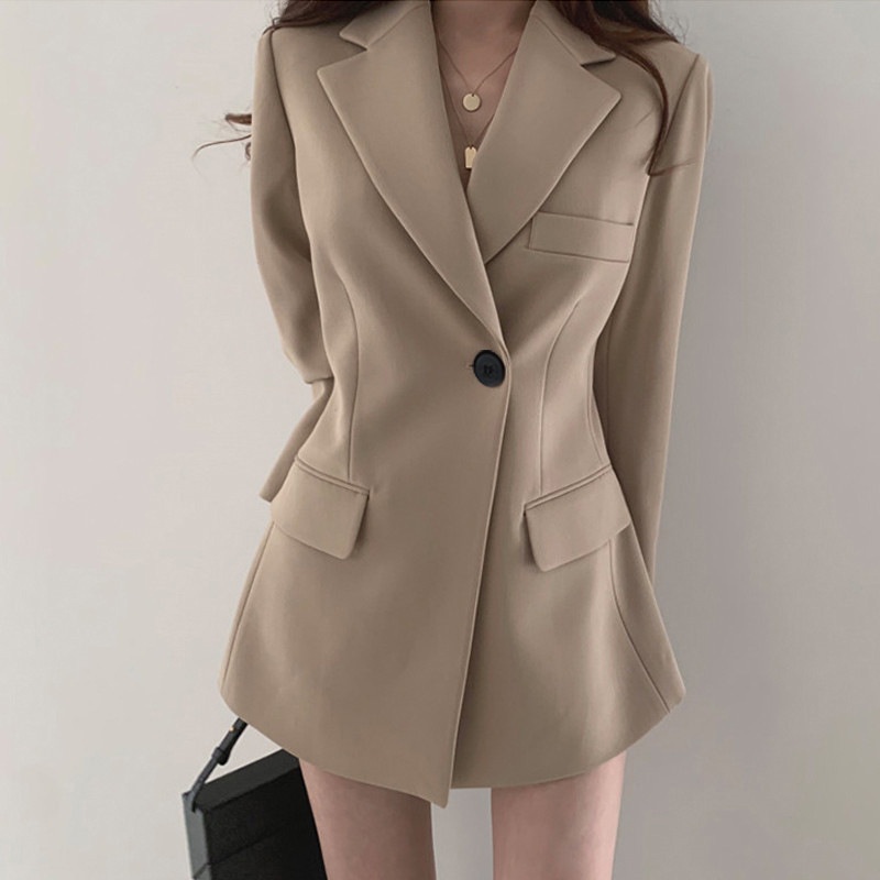 Áo khoác blazer IELGY dài tay màu trơn phong cách cổ điển Hồng Kông cho nữ
