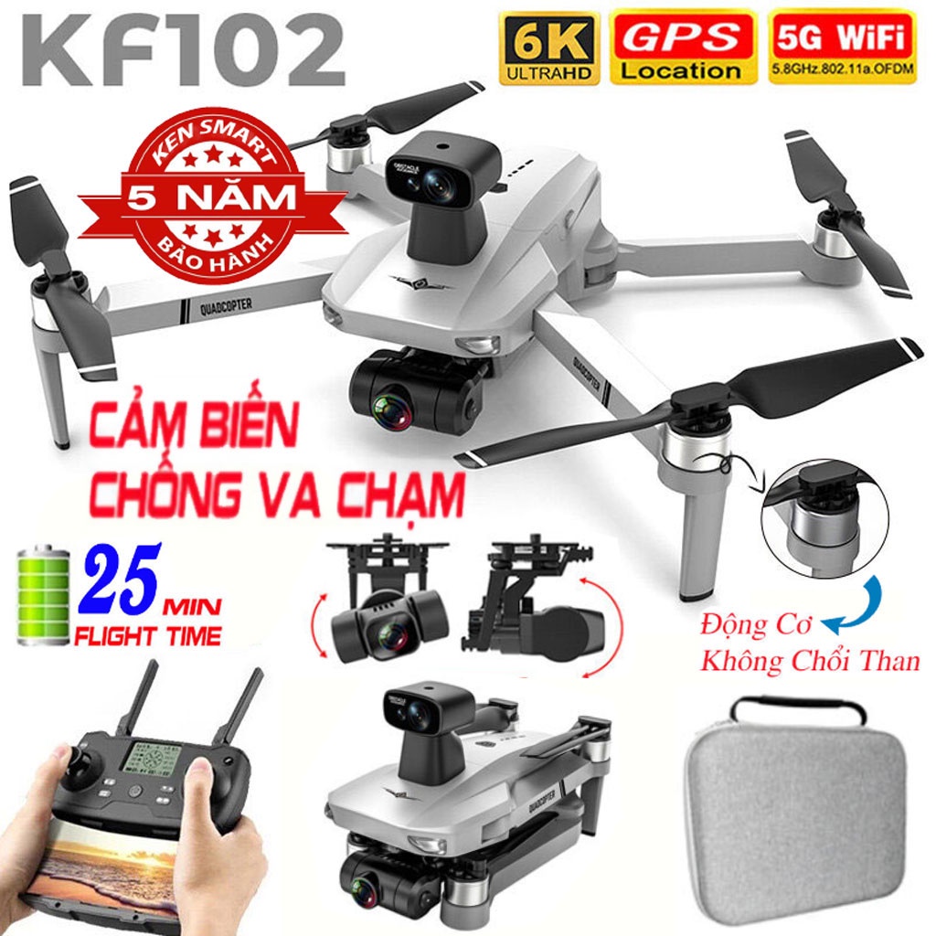 Flycam Giá Rẻ 4K KF102, Camera Chống Rung EIS Gimbal 2 Trục 5G Wifi 8K HD, Tích Hợp G.P.S, Động Cơ Không Chổi Than
