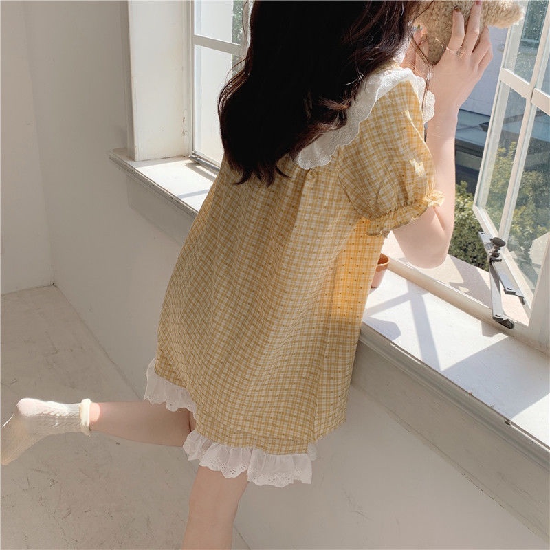 Bộ Đồ Ngủ Ngắn Tay Phối Ren Họa Tiết Sọc Caro Thời Trang Mùa Hè Cho Nữ