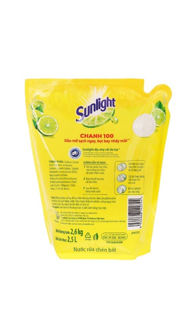 Nước rửa chén Sunlight chanh túi 2,5 L