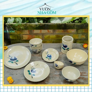 Bộ set bông xanh cao cấp dành cho gia đình 5 người- khắc họa tiết bông xanh- Vườn Nhà Gốm