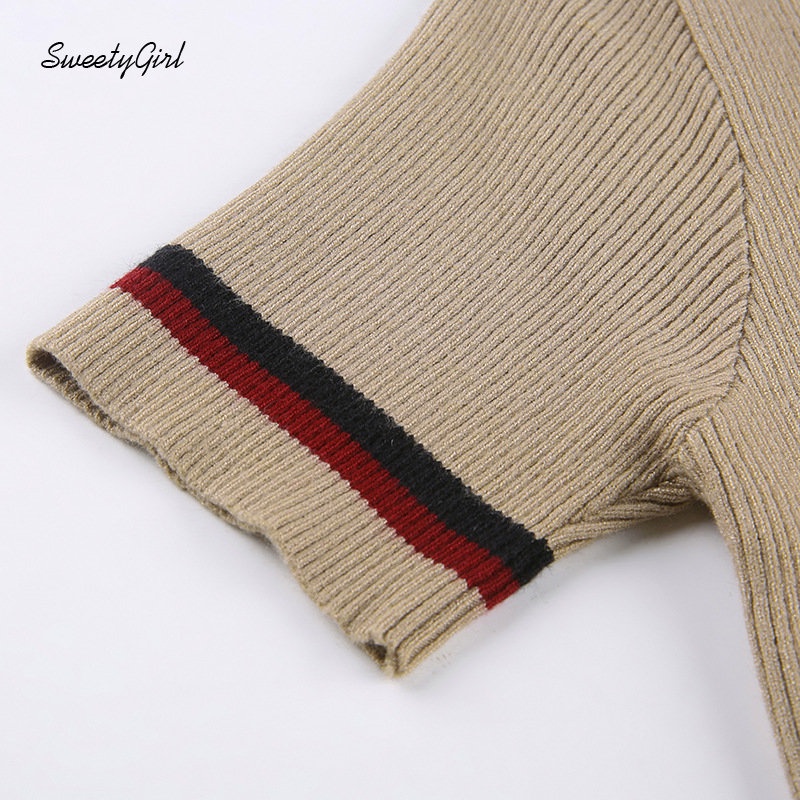 Áo Thun Dệt Kim Tay Ngắn Cổ Chữ U Thêu Chữ Phối Màu Tương Phản Thời Trang 2022 Cho Nữ