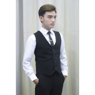Combo áo gile đen và quần đen chất liệu vải dày mịn tặng cà vạt