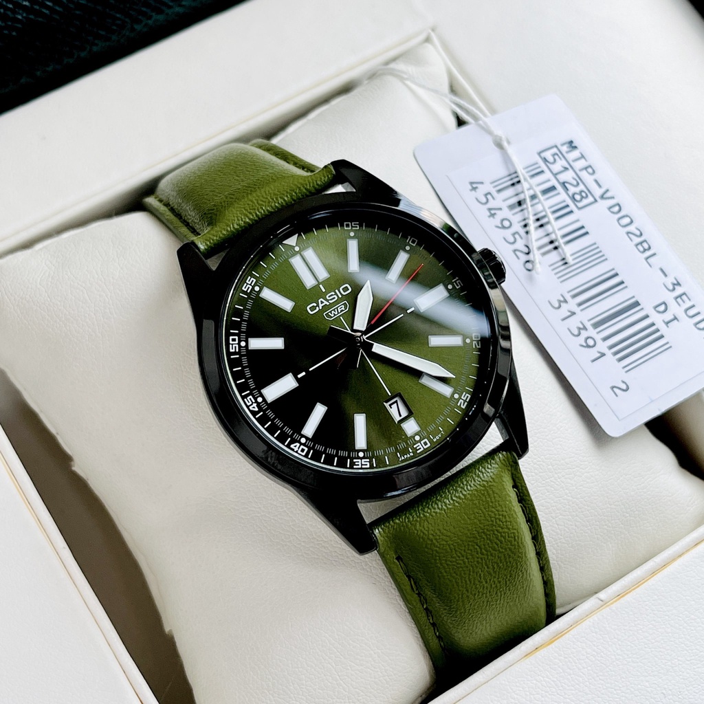 Đồng hồ Nam dây da xanh lá Casio MTP VD02BL-3E Size 41mm - Chống nước 5ATM Bảo hành 1 năm Hyma watch