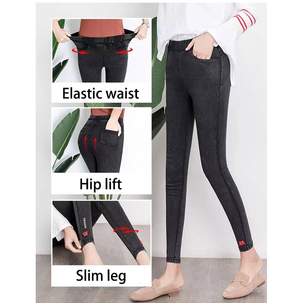 Women Elastic Legging Jeans Pocket Snowflake Black Skinny Pants | BigBuy360 - bigbuy360.vn