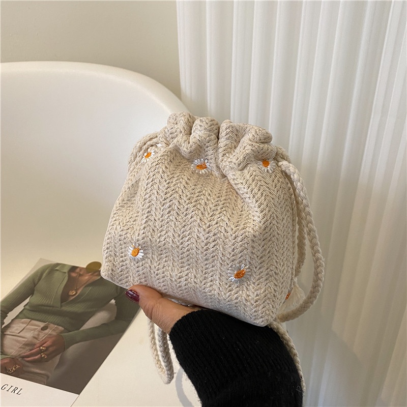 Túi Cói Đeo Chéo Phối Ren Thời Trang Cho Nữ