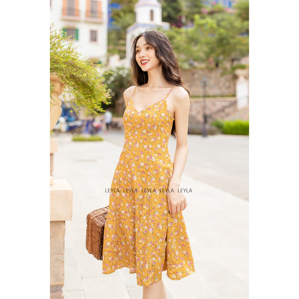 Đầm hoa 2 dây LEYLA cho nữ hoa vàng chất liệu lụa hoa cao cấp thời trang