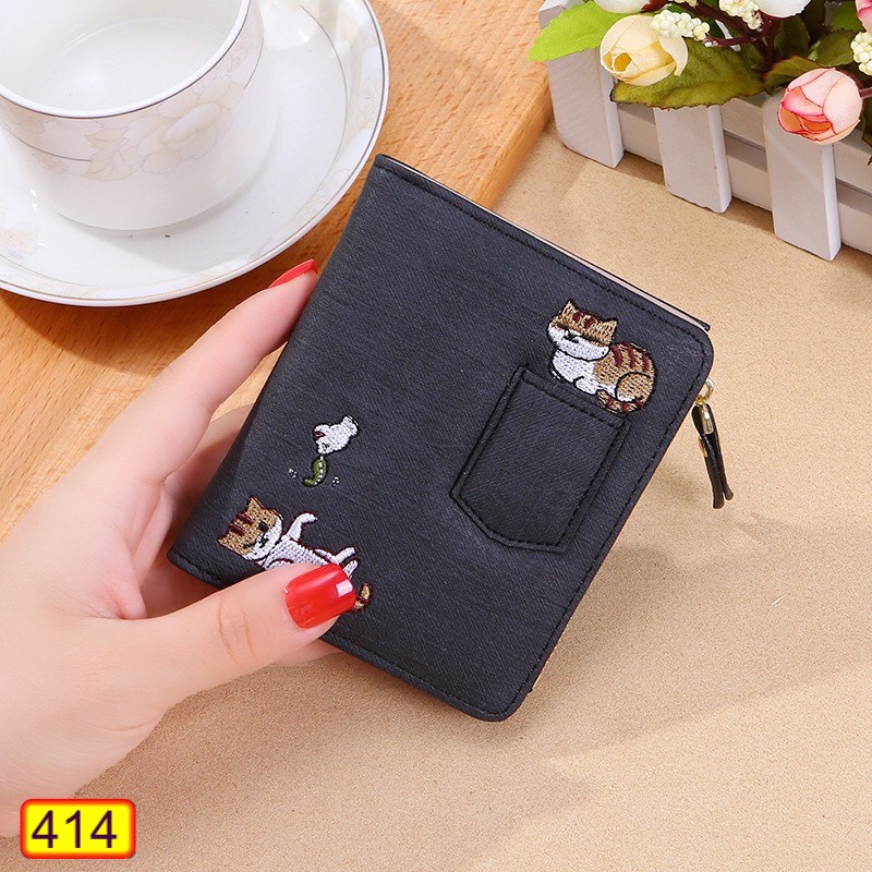 Ví Ngắn Nữ Mini Cầm Tay Cao Cấp Thêu 2 Chú Mèo Dễ Thương