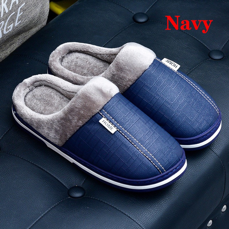 Dép Da Đi Trong Nhà Chống Thấm Nước Phối Lông Ấm Áp Cho Nam