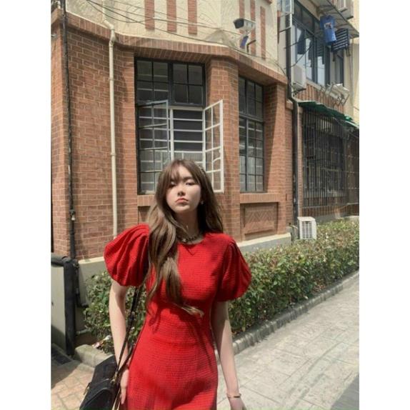 Váy đỏ tết NADO, Đầm đỏ tay phồng ngắn mặc đi chơi tết noel đẹp thời trang nữ cổ tròn freesize dưới 55kg | BigBuy360 - bigbuy360.vn