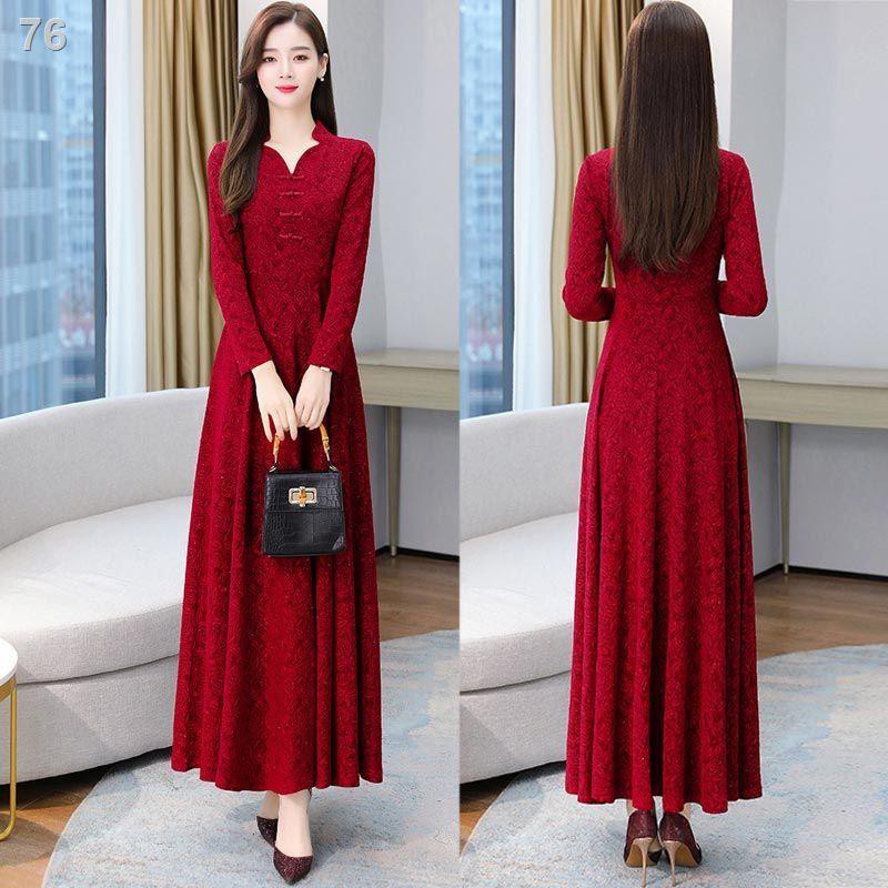 Sườn xám nữ cải tiến dài tay mùa xuân 2021 new cộng với kích thước của phụ nữ váy dài trung niên váy phụ nữM