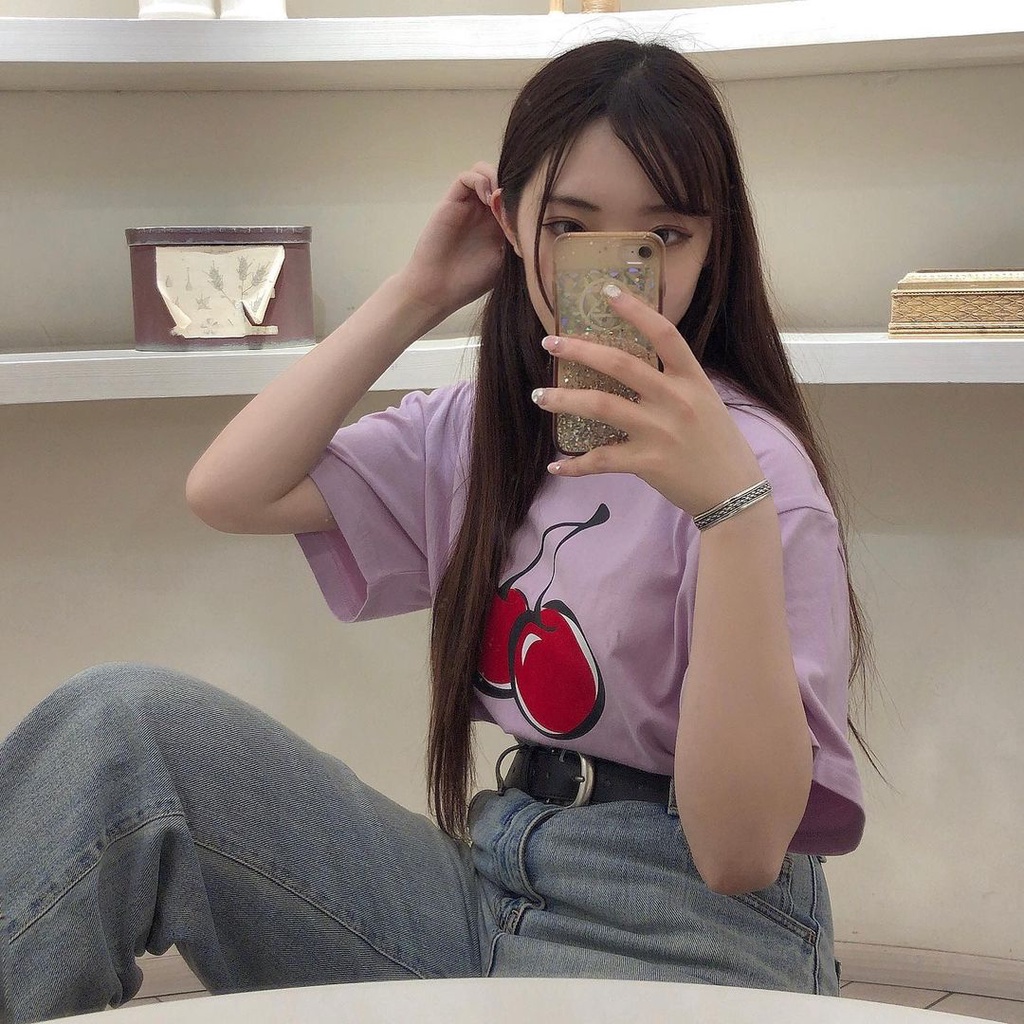 Áo thun nữ tay ngắn KIRSH  in logo Cherry form rộng cổ tròn, vải thun cotton mát, 4 màu