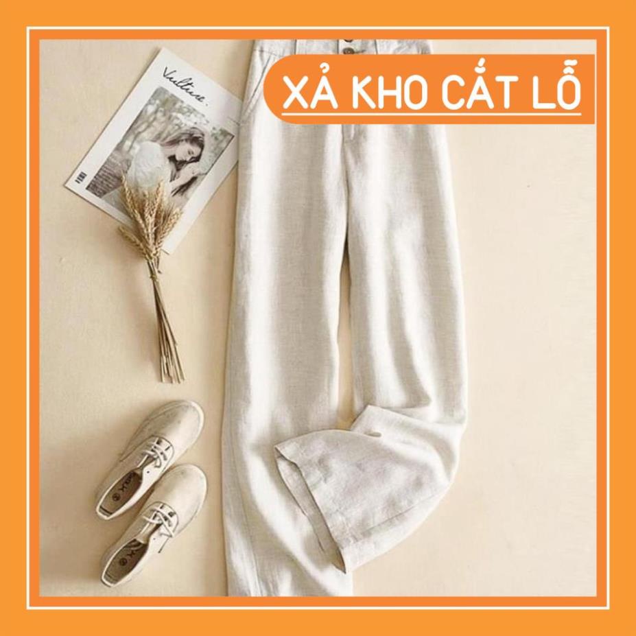 Quần ống rộng nữ vải đũi cạp cao 2 cúc suông dài tôn dán chun sau co dãn thoải mái
