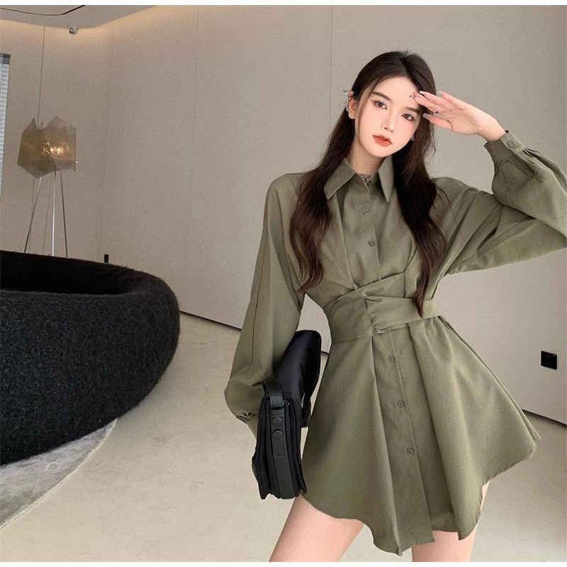 ĐẦM SƠ MI / ĐẦM BẦU /  ÁO SƠ MI FORM RỘNG DÁNG DÀI NỮ MÀU RÊU GIẤU QUẦN QUẤN EO THẮT NƠ COTI OFFICIAL