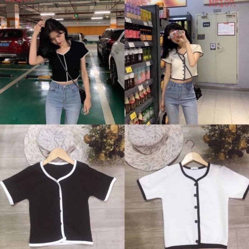 Áo thun Croptop nữ ngắn tay cài 5 cúc phối viền đen-trắng