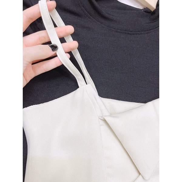 Set thiết kế váy hai dây li sườn mix áo len cổ 3p tiểu thư sang chảnh | BigBuy360 - bigbuy360.vn