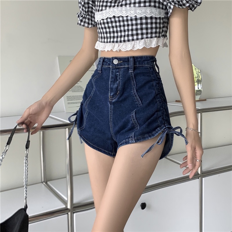 Quần short jeans SUXI lưng cao thiết kế dây rút phong cách Hàn Quốc cho nữ