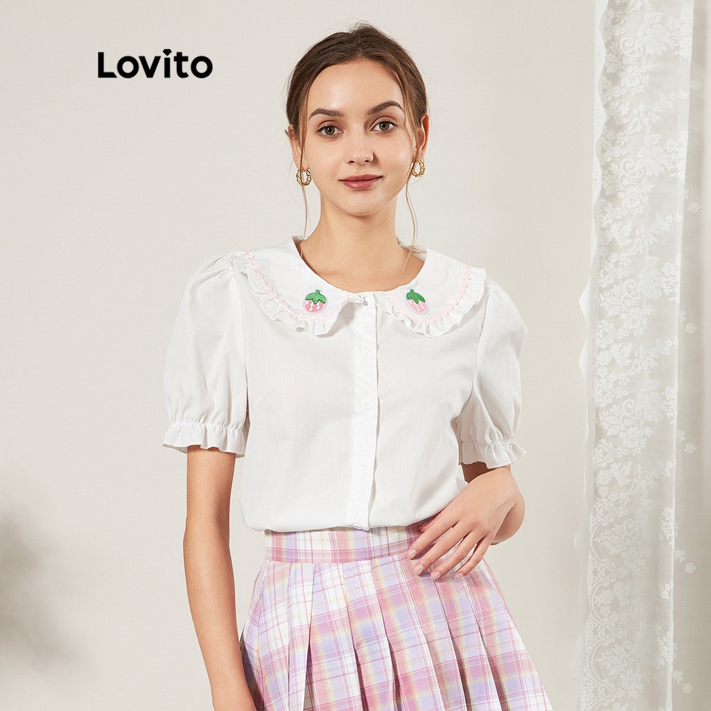 Áo Lovito đáng yêu in hình quả dâu trái cây rau củ có cổ áo L25ED109 (màu trắng)