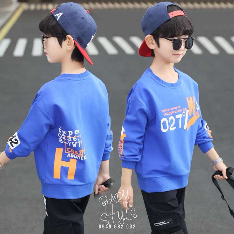 Áo sweater nỉ cổ tròn dài tay &quot;027 W3&quot; 14-45kg cho bé trai 4-15 tuổi. Vải da cá dày dặn. Thoải mái. B42