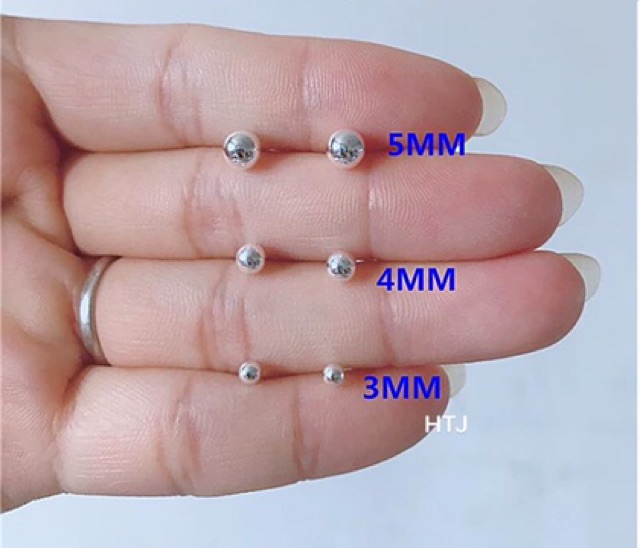 Bông tai nụ bạc tròn bóng đẹp chuẩn bạc ta size 5ly, 4ly ,3ly-THJ SILVER