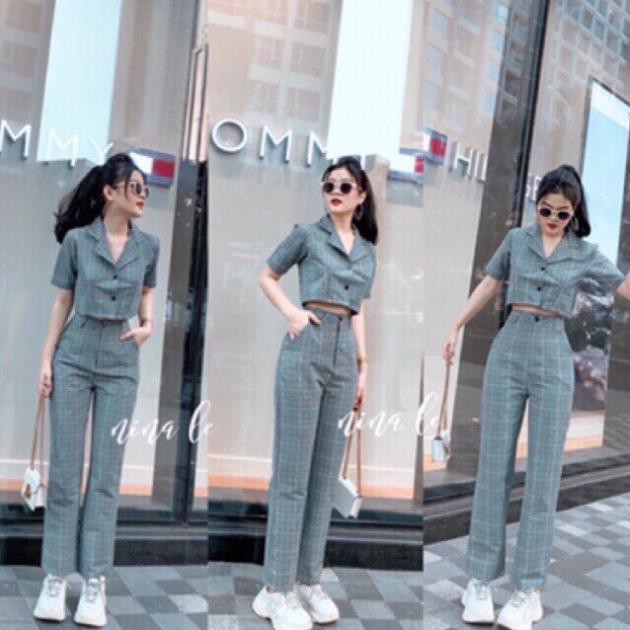 Sét đồ nữ caro áo cổ vét kiểu croptop phối quần dài chất for mềm dày đẹp, mặc tôn dáng