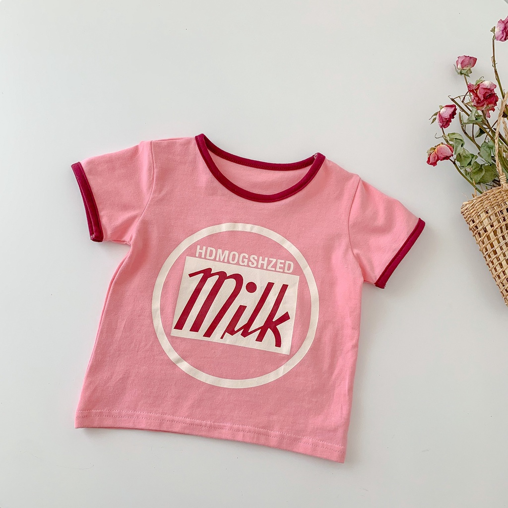 Bộ Áo Thun Ngắn Tay In Hình Hộp Sữa + Quần Short Ôm Hông Cho Bé Gái