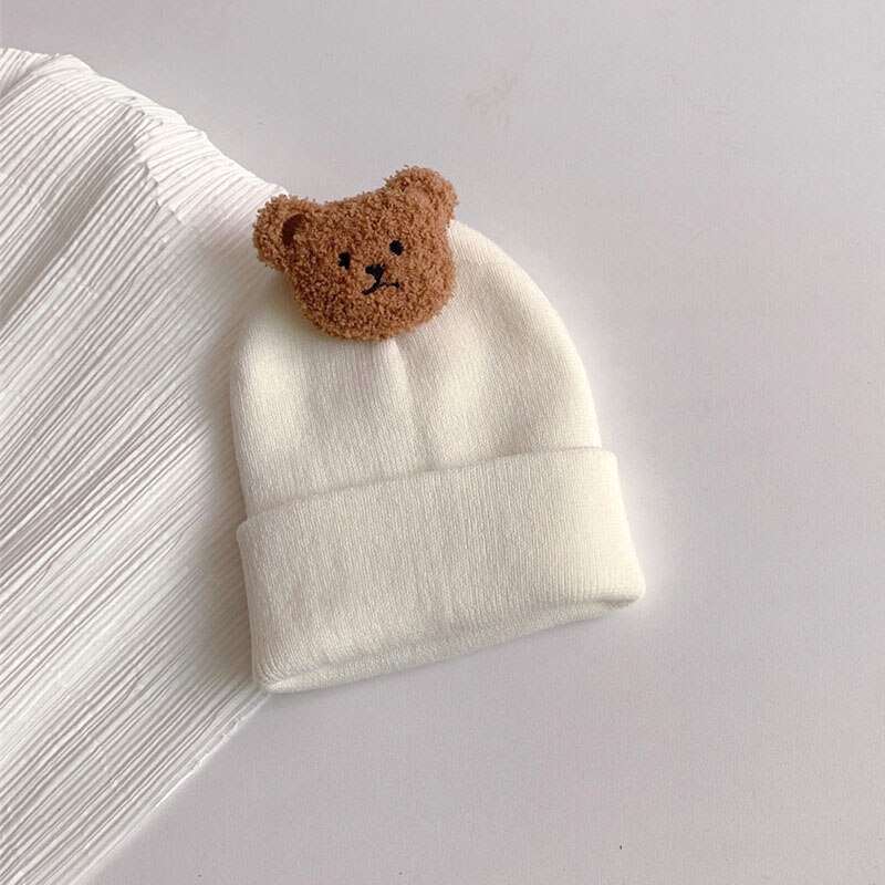 Mũ Beanie Đan Len Mềm Mại Màu Trơn Giữ Ấm Mùa Đông In Hình Gấu Kiểu Hàn Quốc Cho Bé Sơ Sinh