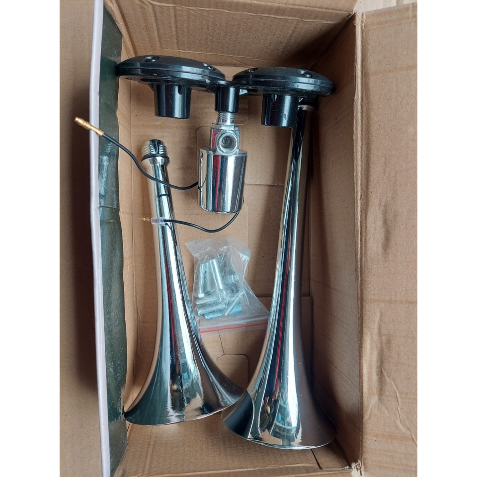 Còi hơi hai loa inox trắng mạ crom dùng cho xe có bình hơi