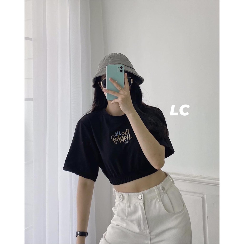 Áo Croptop Cộc Tay Bo Chun Bụng BE HAPPY - Thun tay lỡ dáng ôm màu đen họa tiết đáng yêu style Ulzzang