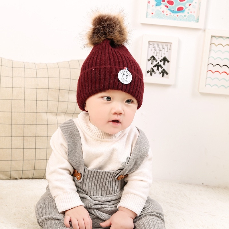 Mũ len quả bông cho bé hình mặt cười từ 5 tháng-3 tuổi