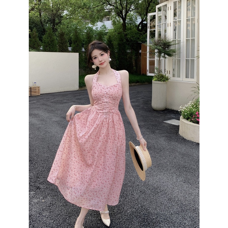 Đầm midi hoa nhí cổ yếm phong cách retro cổ điển tiểu thư Pháp, váy midi hoa nhí đi biển siêu xinh