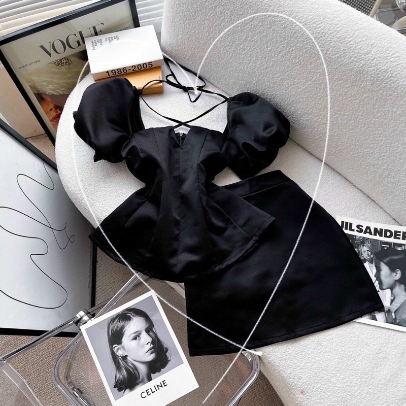 SET 2 MÓN: ÁO CỔ VUÔNG TAY PHỒNG DÂY CHÉO NGỰC & CHÂN VÁY