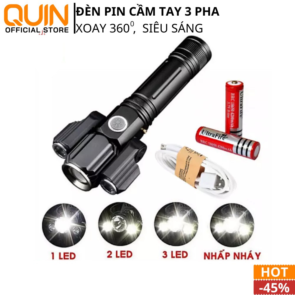 HÀNG XỊN  Đèn pin  Pin Cầm Tay 3 Pha Siêu Sáng Xoay 360 Độ Tiện Dụng, 3 bóng 4 chế độ sáng