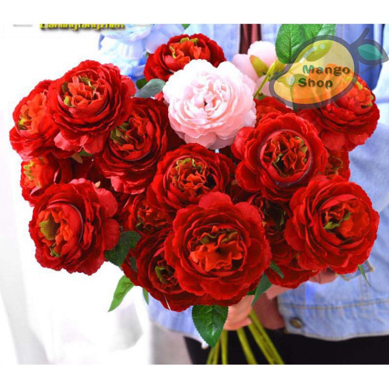 Cành hoa mẫu đơn 3 bông xinh xắn decor chụp ảnh ( hoa hồng lụa hoa giả )
