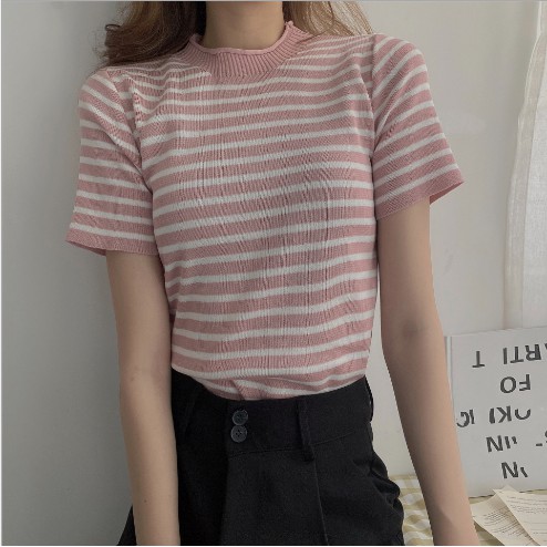 Áo Len Dệt Kim Ngắn Tay Cổ Tròn Kẻ Sọc Xinh Xắn Cho Nữ