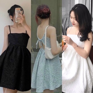 Đầm babydoll gấm hai dây hở nơ lưng
