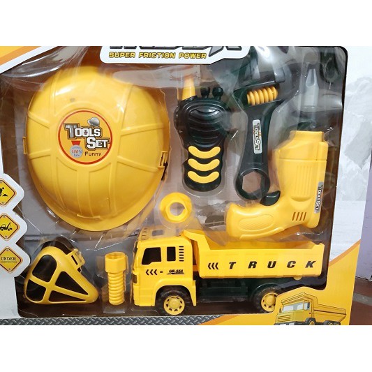 Bộ đồ chơi kỹ sư nhiều dụng cụ màu vàng có mũ đội dành cho bé trai, màu sắc tươi sáng, không phai, cực đẹp