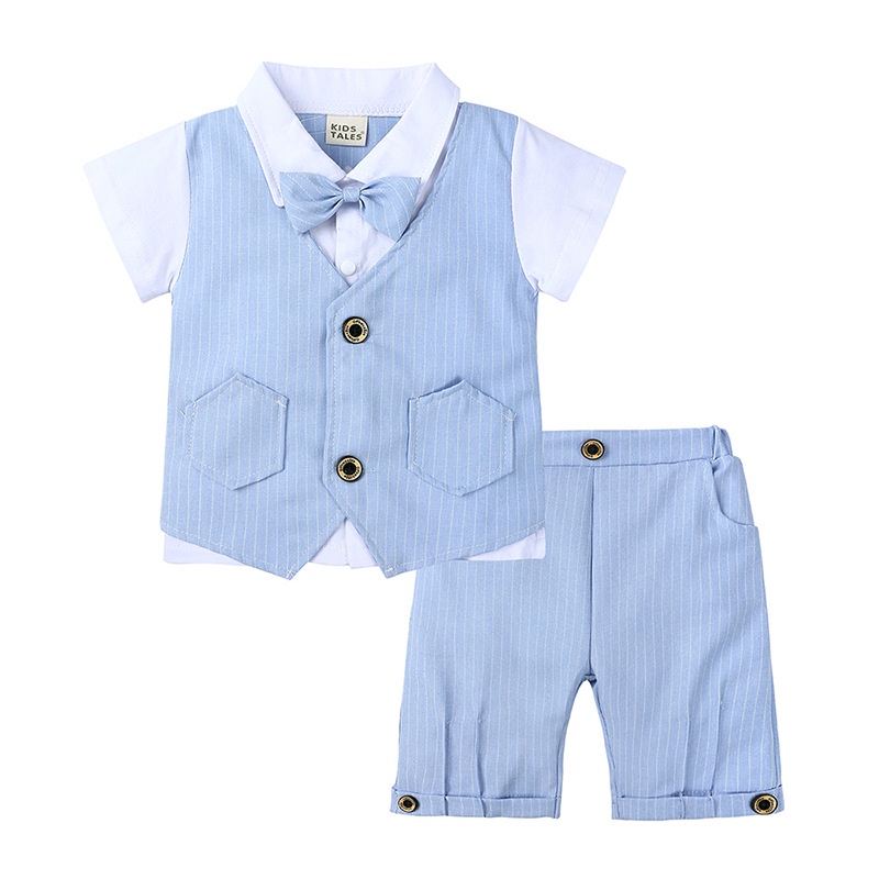 Áo Sơ Mi Ngắn Tay Giả Vest + Quần Short Thắt Nơ Phong Cách Anh Quốc Mới Cho Bé Trai