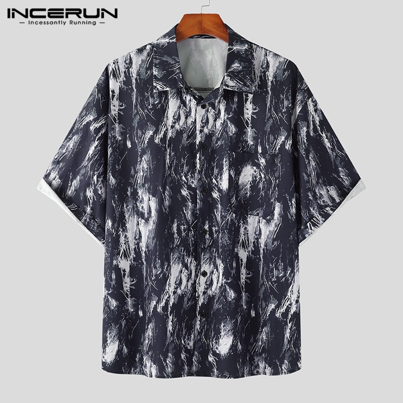 Áo sơ mi INCERUN dáng rộng tay ngắn cài nút in họa tiết hippie dành cho nam